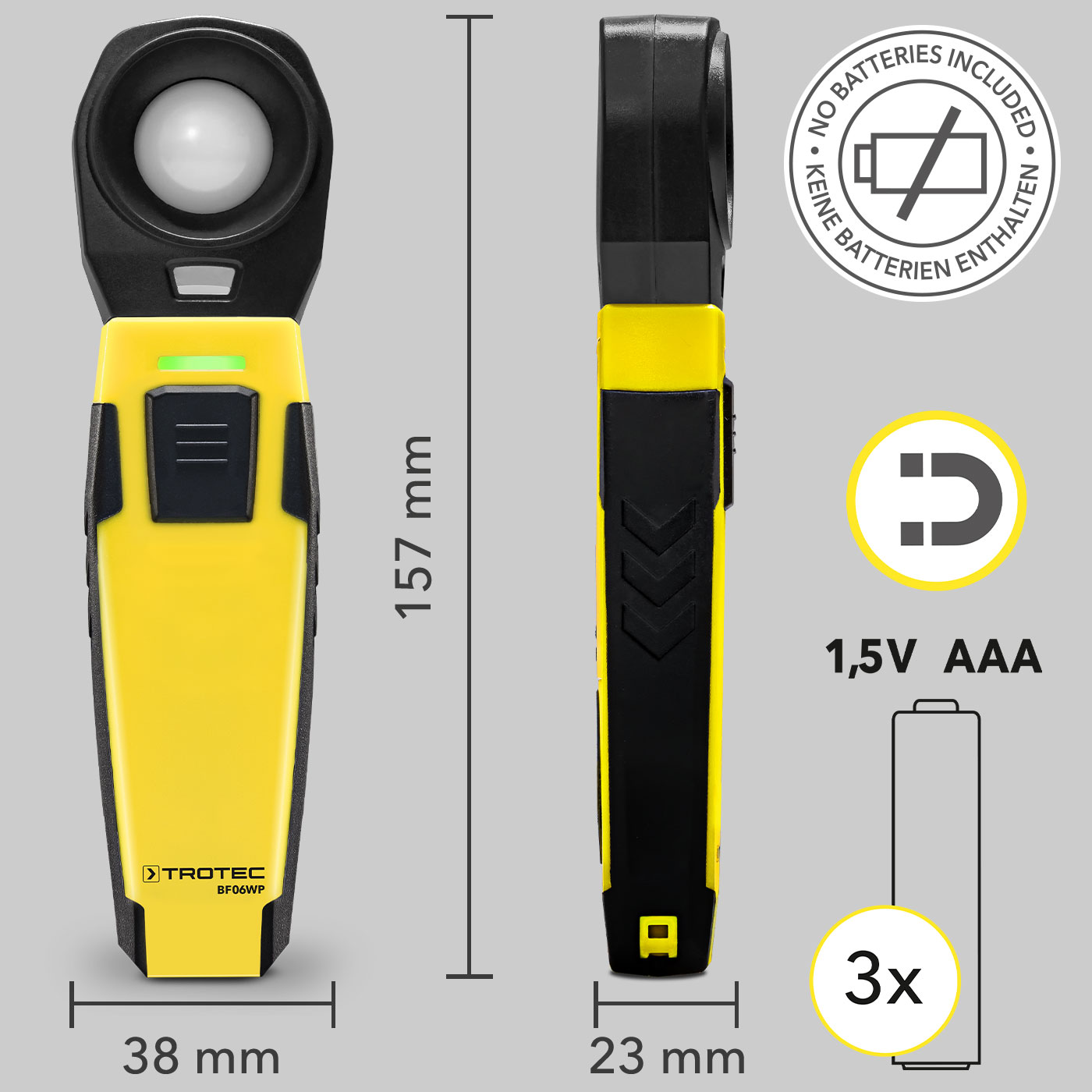 BF06WP – Abmessungen, Batterie(n) und Magnethalterung